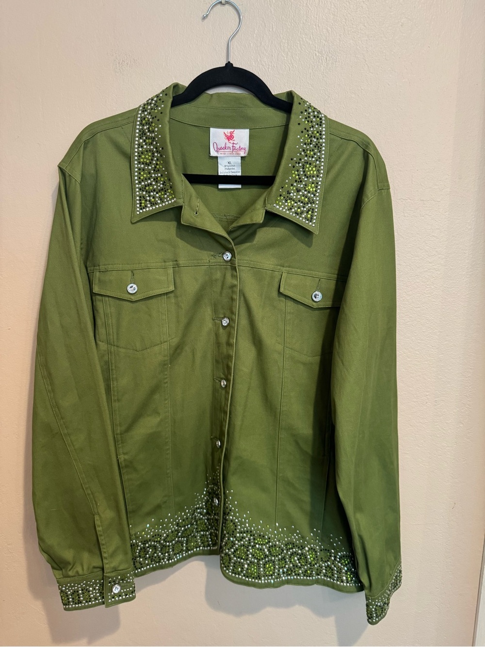 Artsy Quacker Factory Olive Green Rhinestone Embellished Collared Jacket - Picture 2 of 8